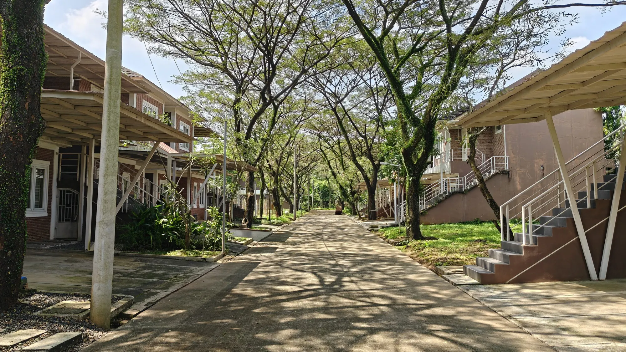 Jalan teduh berpohon di antara rumah-rumah penginapan